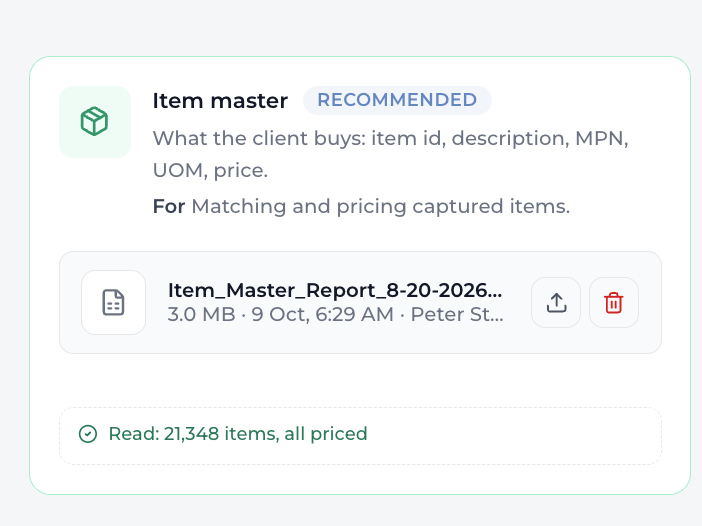 Item master card on the Files step, recommended: an uploaded item master report of 3.0 MB, read 21,348 items, all priced