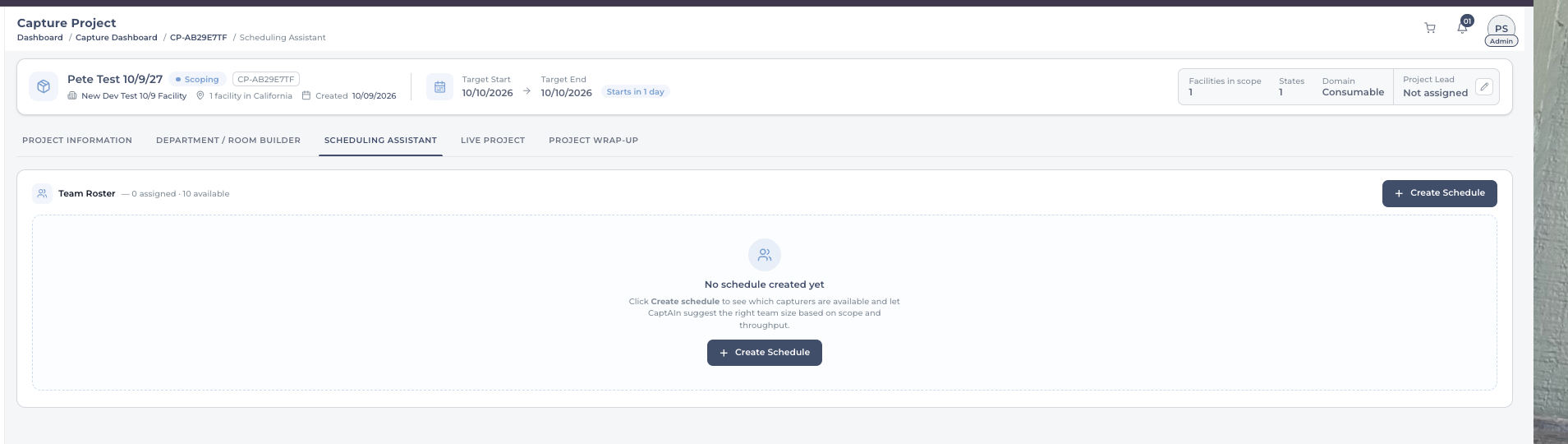 Scheduling Assistant tab: Team Roster, 0 assigned and 10 available, with No schedule created yet and a Create Schedule button