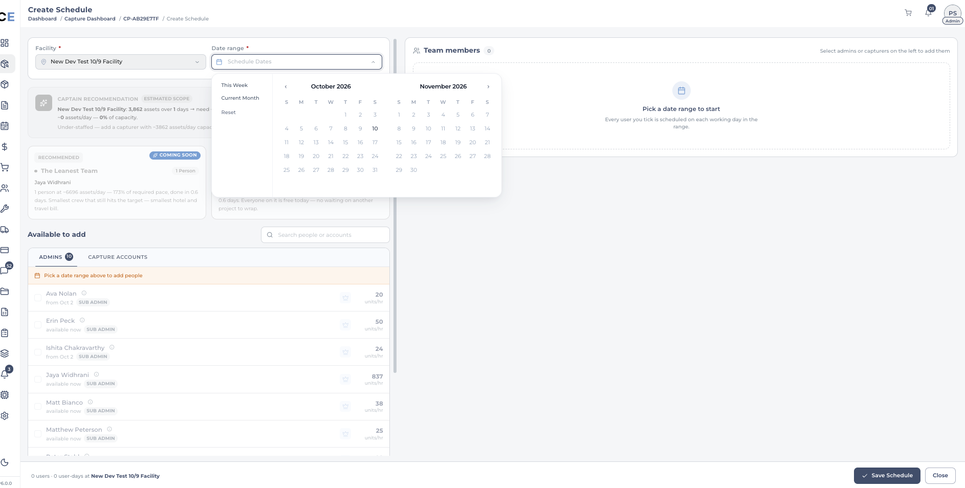 Create Schedule: facility selected, the Date range picker open on October and November 2026 with 10 October the only project day, Captain recommendation cards, and the Available to add list of admins