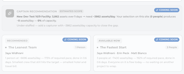 Captain recommendation, estimated scope: 3,862 assets over 1 day, under-staffed; cards for The Leanest Team and The Fastest Start, all marked Coming soon