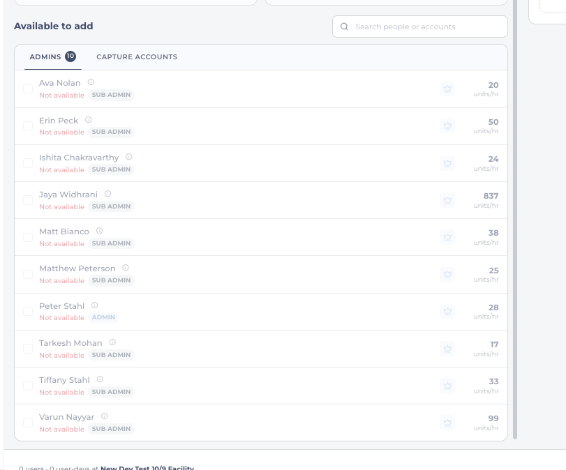 Available to add, Admins tab: ten people, every one marked Not available, each with a units per hour figure