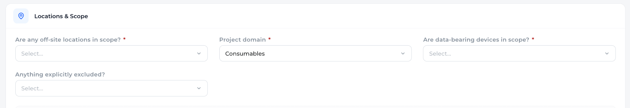 Locations and Scope: off-site locations in scope, project domain set to Consumables, data-bearing devices in scope, anything explicitly excluded