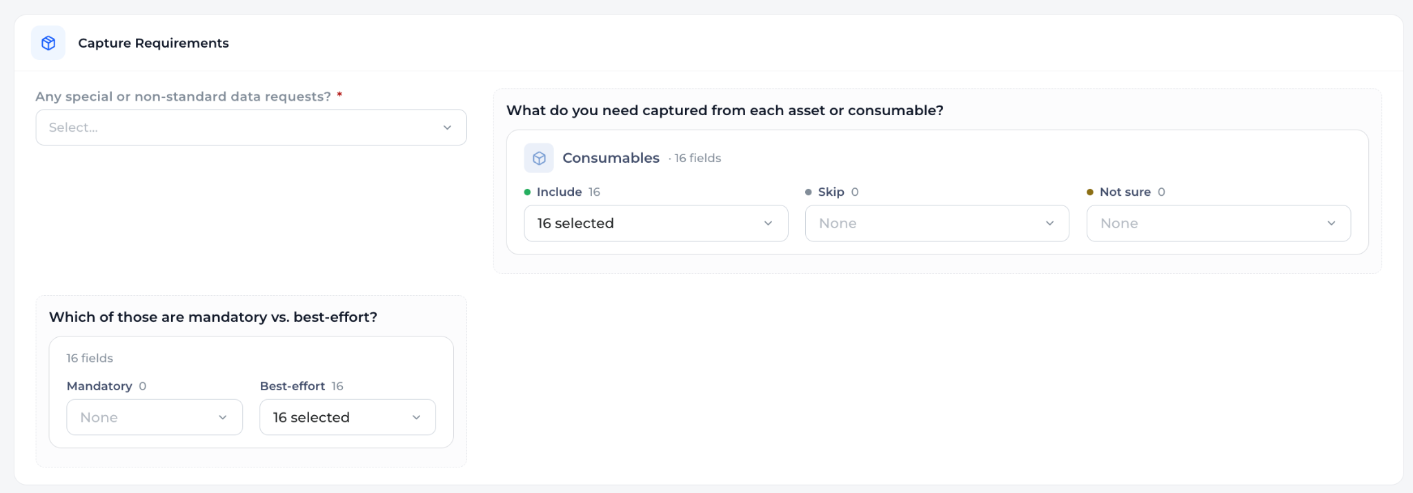 Capture Requirements: special or non-standard data requests, what to capture from each consumable with 16 fields included, and which are mandatory versus best-effort