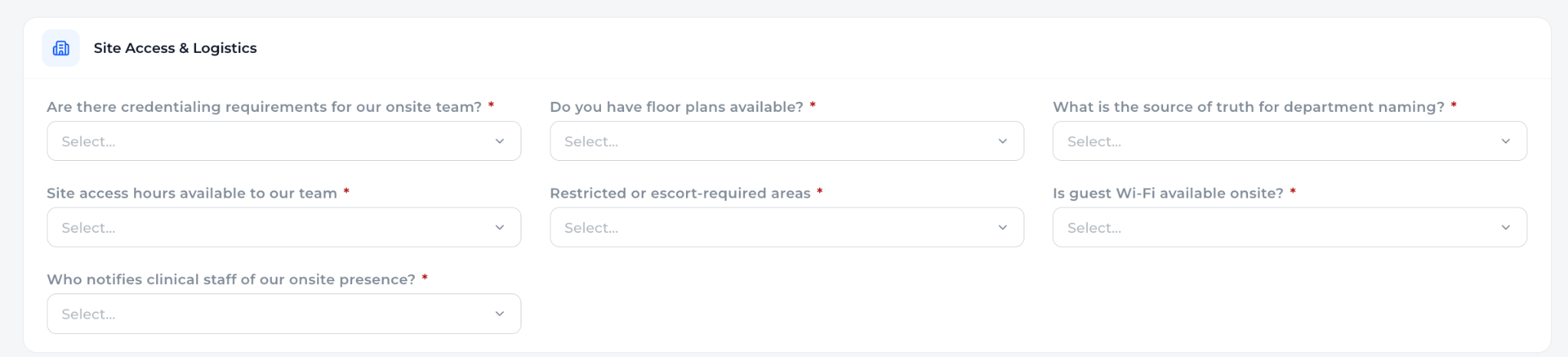 Site Access and Logistics: credentialing, floor plans, source of truth for department naming, site access hours, restricted or escort-required areas, guest Wi-Fi, and who notifies clinical staff