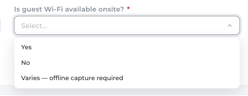 Is guest Wi-Fi available onsite, open: Yes, No, Varies - offline capture required