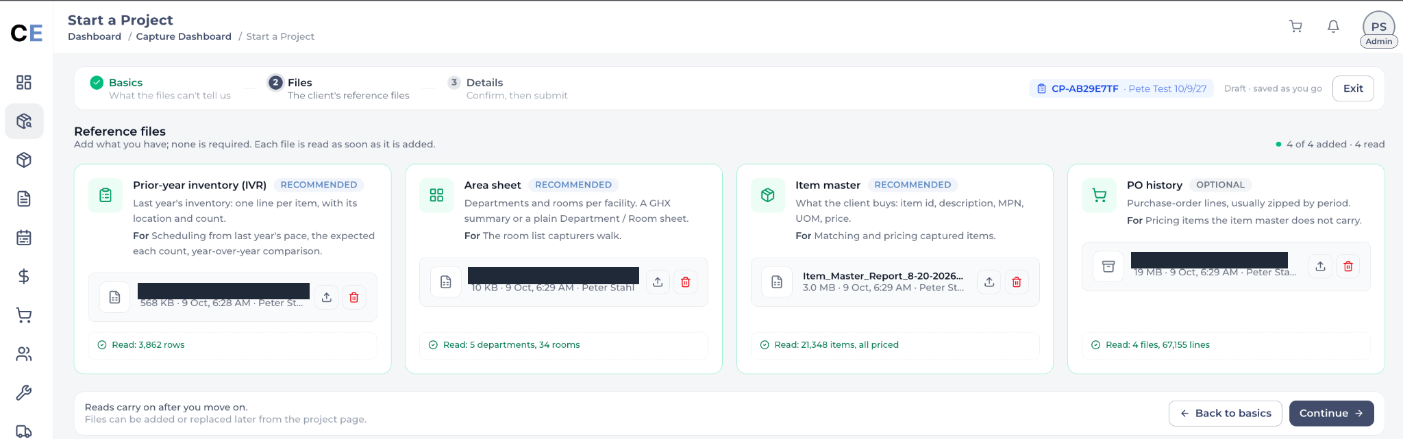 Start a Project, Files step: four reference file cards, prior-year inventory, area sheet, item master and PO history, each with an uploaded file and what was read from it. Client file names are blacked out