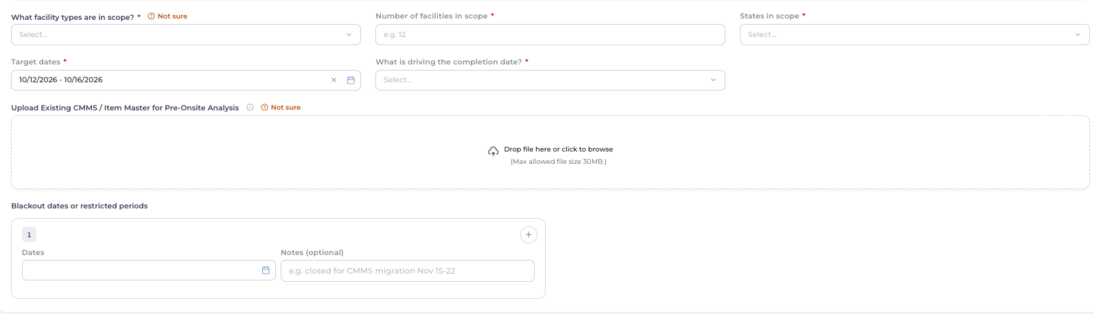 Assets Client and Timeline, lower half: facility types, number of facilities, states in scope, target dates, what is driving the completion date, CMMS upload and blackout dates