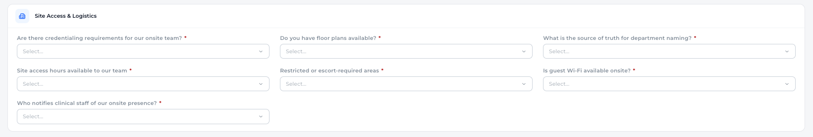 Assets Site Access and Logistics: the same seven required fields as the Consumables form