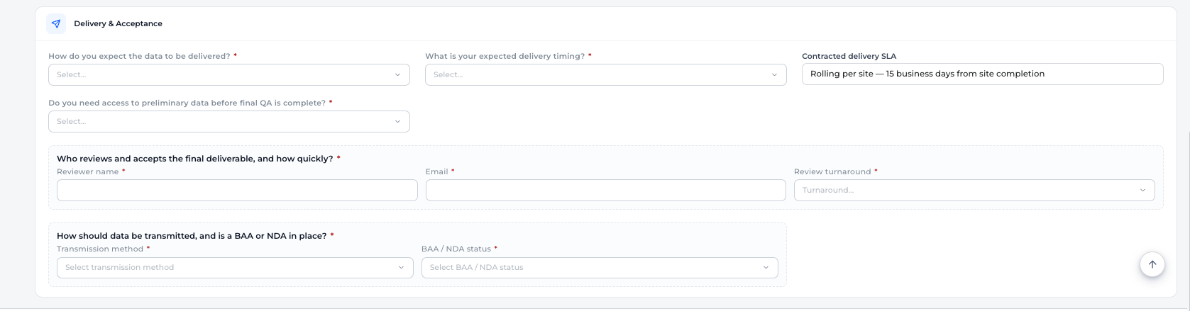 Assets Delivery and Acceptance: delivery method, timing, contracted delivery SLA, preliminary data, reviewer name, email and turnaround, transmission method and BAA or NDA status