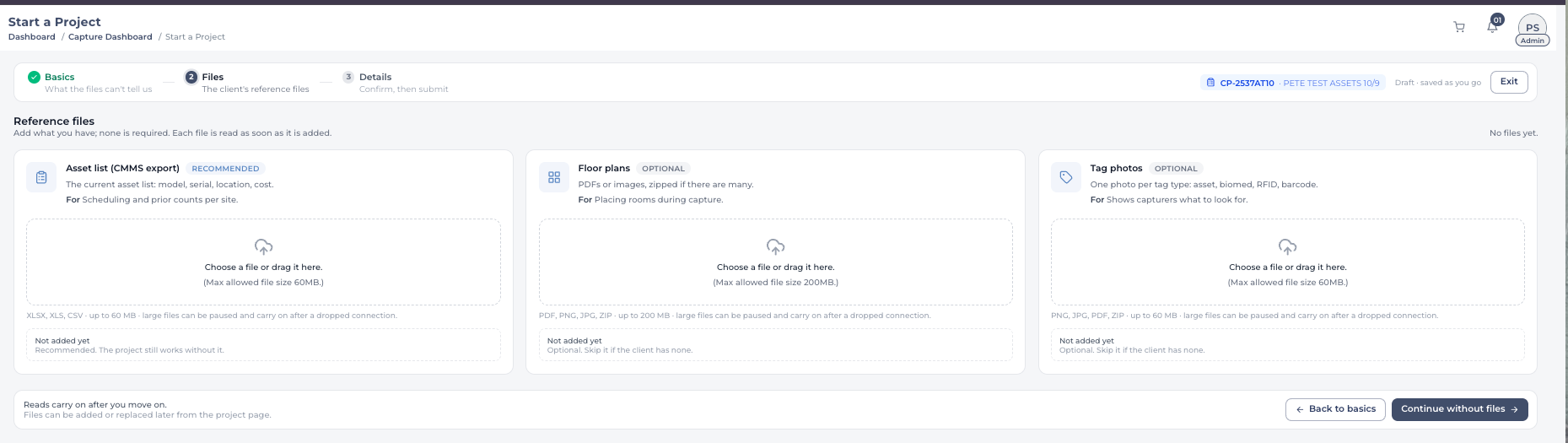 Start a Project, Files step for an Assets project: three cards, Asset list CMMS export recommended, Floor plans optional, Tag photos optional, all empty